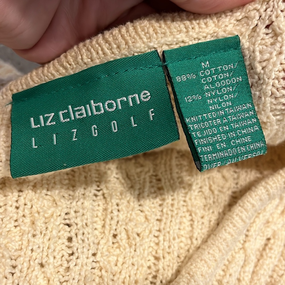 VINTAGE LIZ CLAIBORNE LIZ GOLF CARDIGAN CABLE KNIT SWEATER STRAW YELLOW SIZE M - Picture 7 of 12